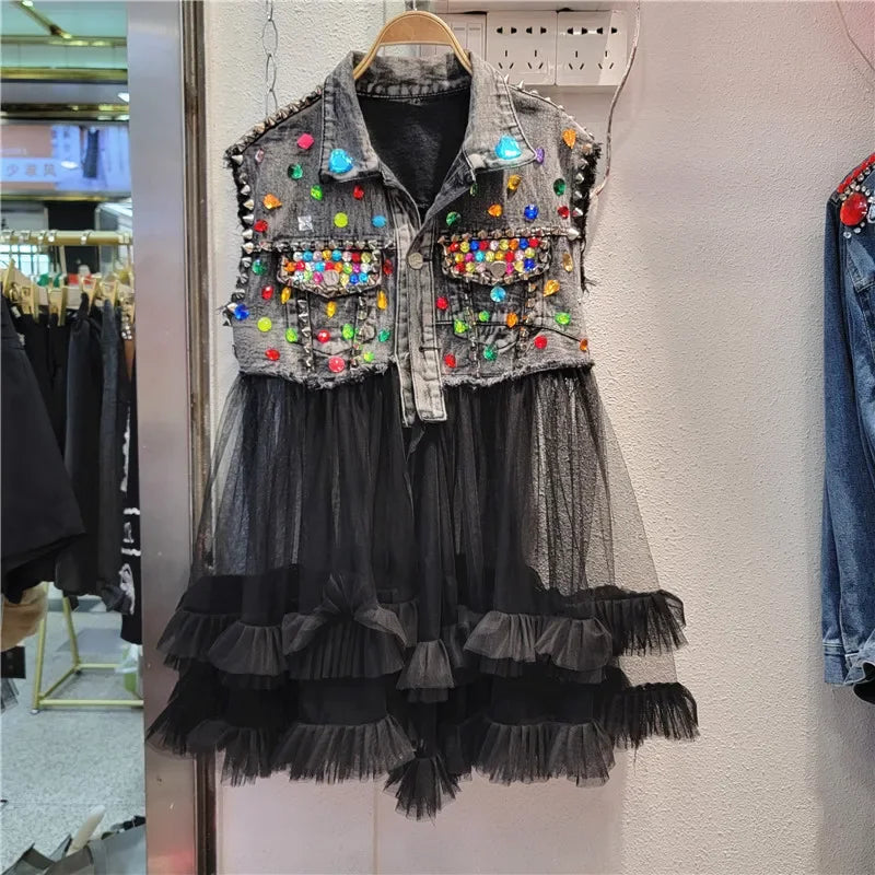 Women Rainbow Color Diamonds Beaded Mesh Ruffles Splice Jeans Jacket Multi-layers Mesh Rhinestone Denim Vests Cardigan Tank Tops