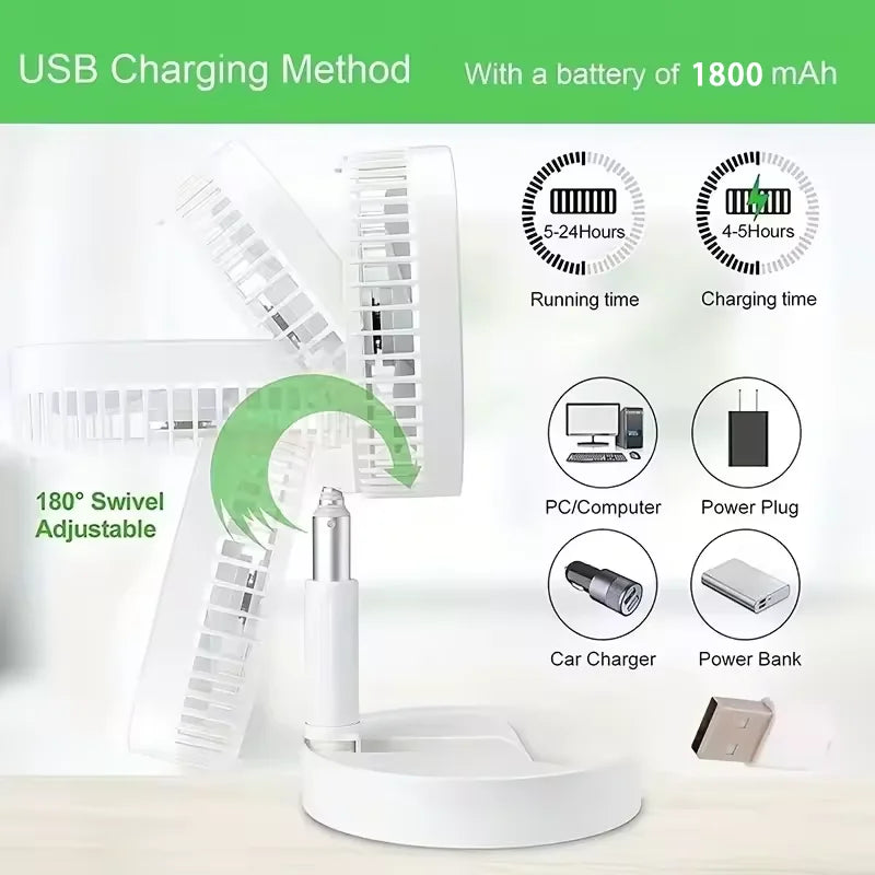 Portable Foldable Desktop Fan USB C Rechargeable 1800mAh Battery 3 Speed Ultra Quiet Fan For Home Office Bedroom Dorm Mini Fan