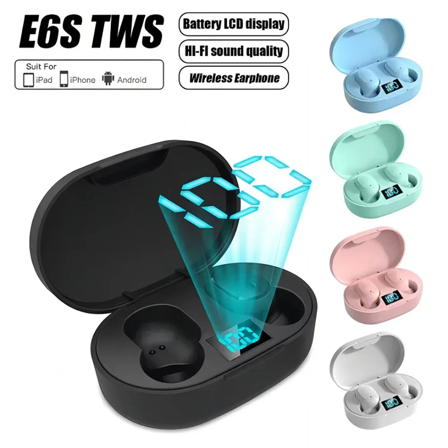E6S Digital Display Wireless Earphones Noise Canceling Waterproof Earbuds in-Ear Stereo Sport Headphone with Charging Case Box