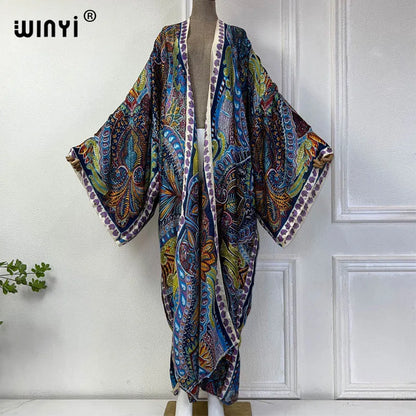 WINYI Classic bohemian beach cover up Swim Suit elegant African women boho Cardigan sexy Holiday long Sleeve Kimono beach dress