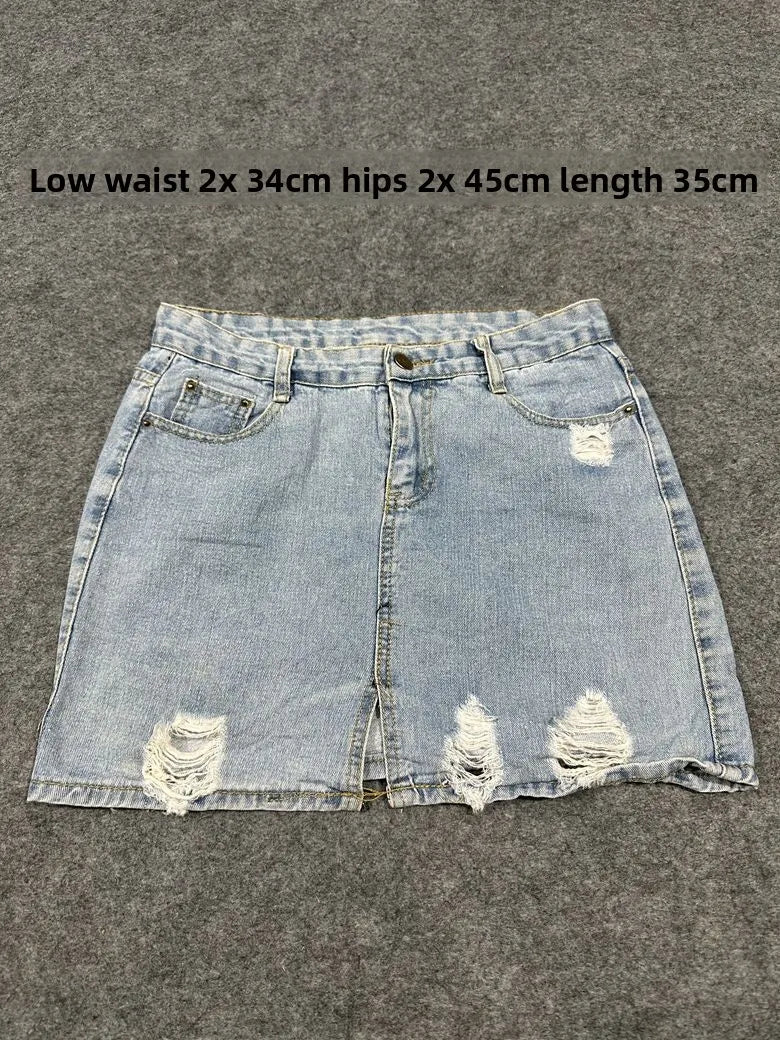 Sexy American Vintage Low Waist Denim  Skirt for Students Z4 Antiquing Y2K Trendy ort Skirt with Handmade Ripped And Fo...