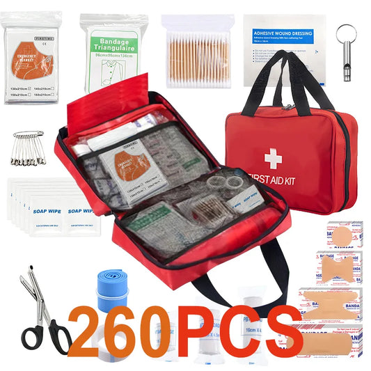 Durable first-aid kit containing essential care items for grazes, abrasions and sprains. A dependable emergency essential.