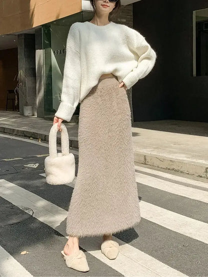 Autumn Winter New Knit Long Skirt Women Casual Thick Korean High Waist Soft A-Line Skirt