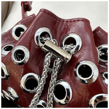 Portable Metal Stud Rivet Shoulder Bag Spicy Girl Chain Y2k Underarm Bag Punk Style Handbag Drawstring Crossbody Bag Daily