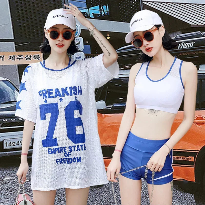 Swimsuit Women Split 3 Piece Set Korean Cartoon Print Cover Up Sport Boxer Shorts Tank Top Mesh Jersey Sun-proof Beach Swimwear