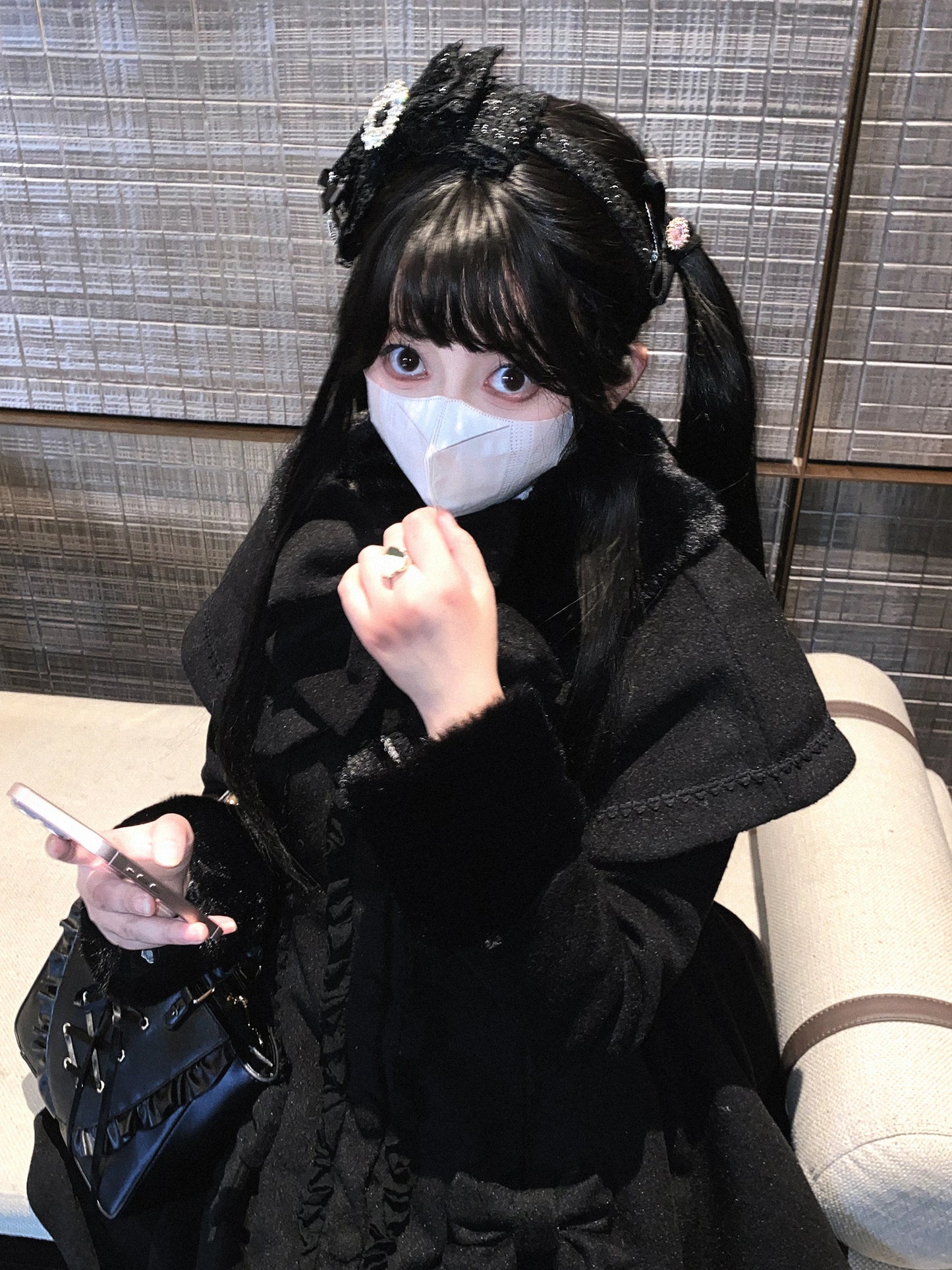 Lolita Original Japanese Coat Women Black Overcoat Autumn and Winter New Sweet Elegant Fur Collar Mine Tie Imitation Tweed Coat
