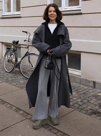 Retro Solid Stand Collar Long Tweed Coat Women 2025 Fashion Large Lapel Single Breasted Coats With Belt Lady Chic Street Outwear