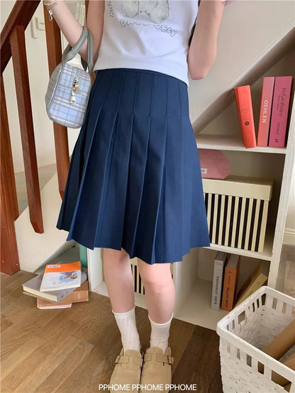 Women's Summer Streetwear Knee Length Pleated Skirt Lady School Style High Waist A Line Mid Length Skirt