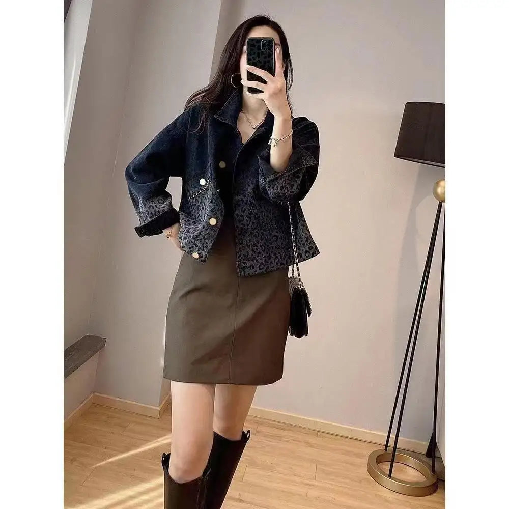 Autumn Winter Streetwear Vintage Leopard Print Denim Coat Ladies Harajuku Y2K Casual Fashion All-match Jacket Women Outwear Top