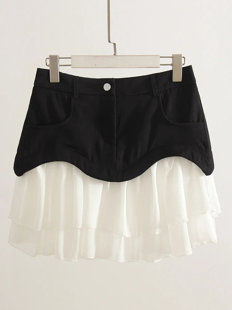 Summer White Patchwork Ruffled Skirts Mini For Women High Waist A Line Flounce Skirt Ladies Pleated Mini Skirts Chiffon Women