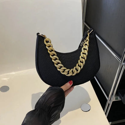 Fashion Women Felt Handbags Imitation Metal Chain Underarm Bag Retro Ladies Solid Color Shoulder Bag Trendy Casual Clutch Purse