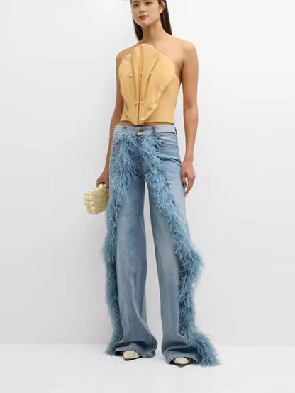 Feather Women's Pants Wide Leg Long Denim Loose High Waist Regular Casual Female Jeans Loose Spring Woman Baggy Basic Trousers
