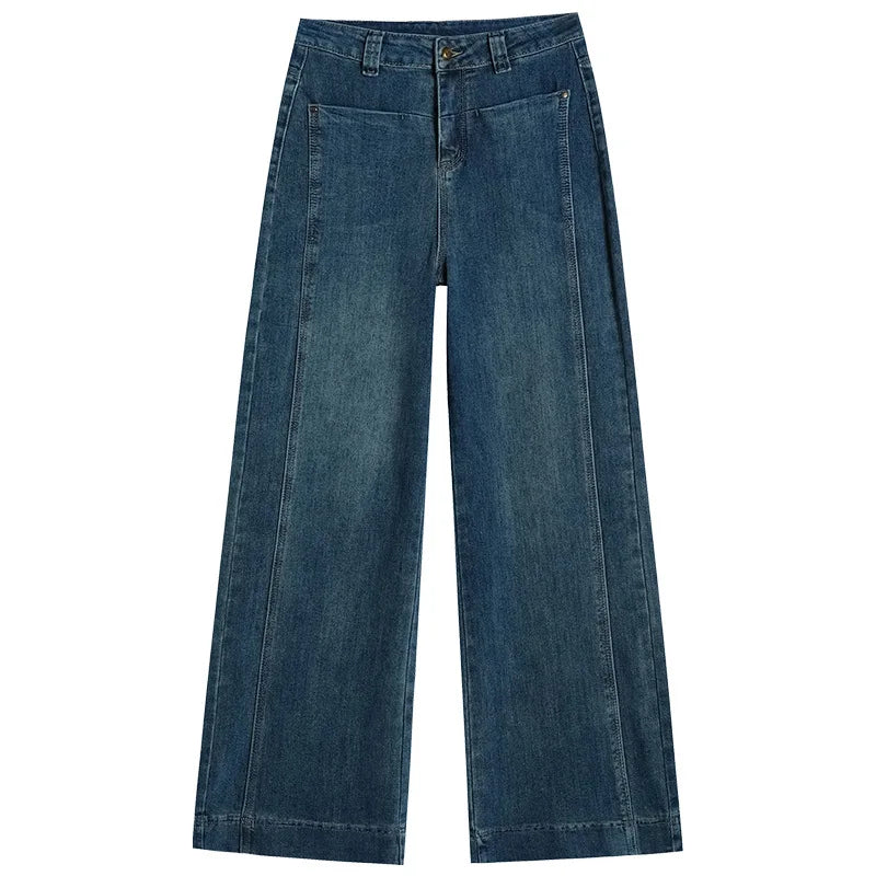 High Street Fashion Stretch Denim Wide-leg Pants, Women's Spring and Autumn New High-waisted Narrow Version Straight Leg Jeans
