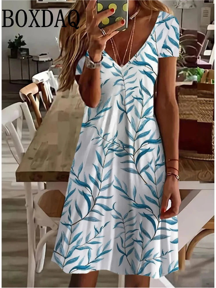Women's Sundress Midi Dress Short Sleeve Floral Print Summer Casual V Neck Loose Dresses Plus Size 2024 Female Clothing Vestidos