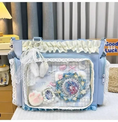 Y2k New Sweet Ita Shoulder Bag Lolita Girl Transparent Crossbody Bag Women Large Capacity Lace Tote Bag Cute DIY Display Handbag