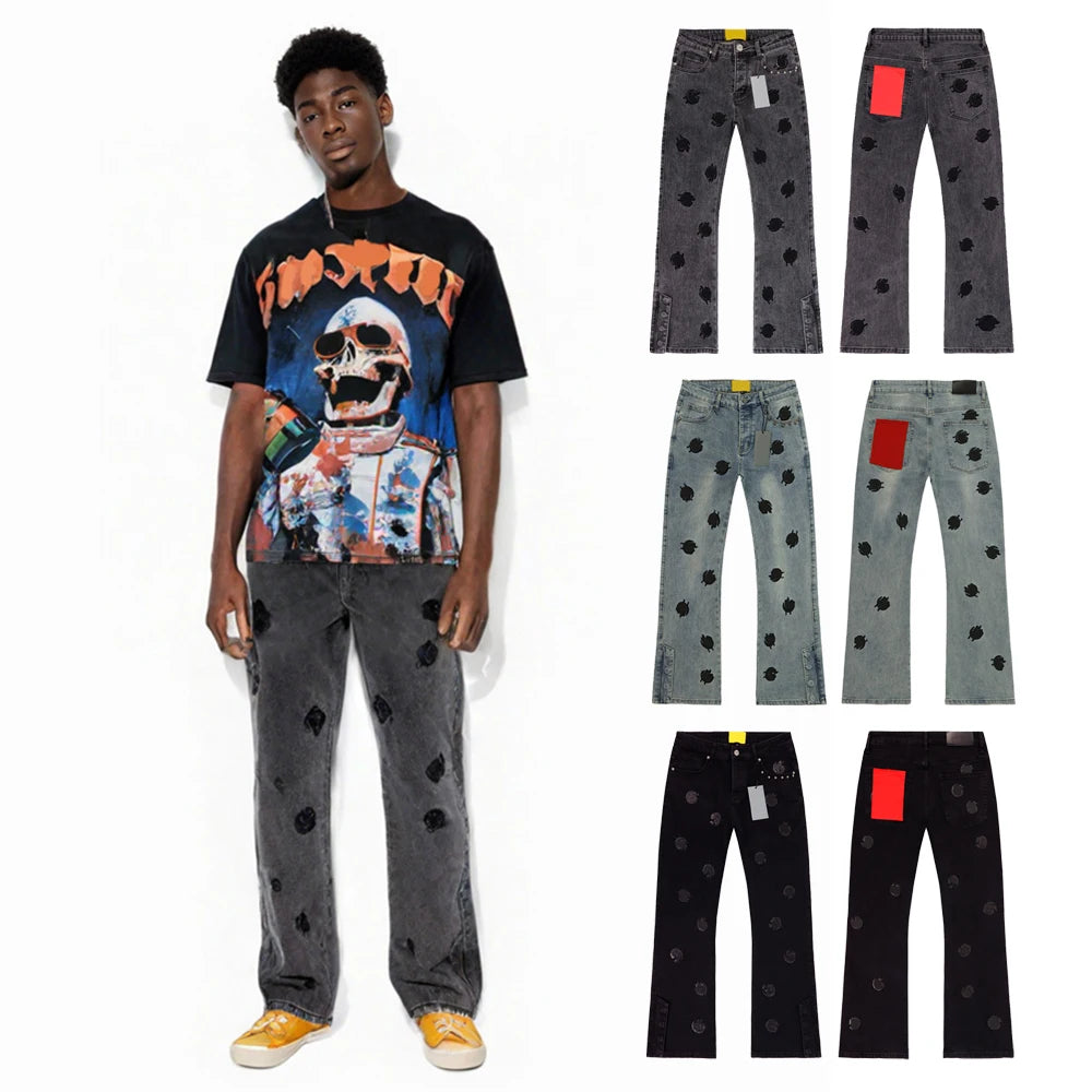 Y2k Baggy Denim Embroidered Jeans Hiphop Rock Revivals Jeans Street Style Sand Wash Distressed Streetwear Clothing Jeans for Men