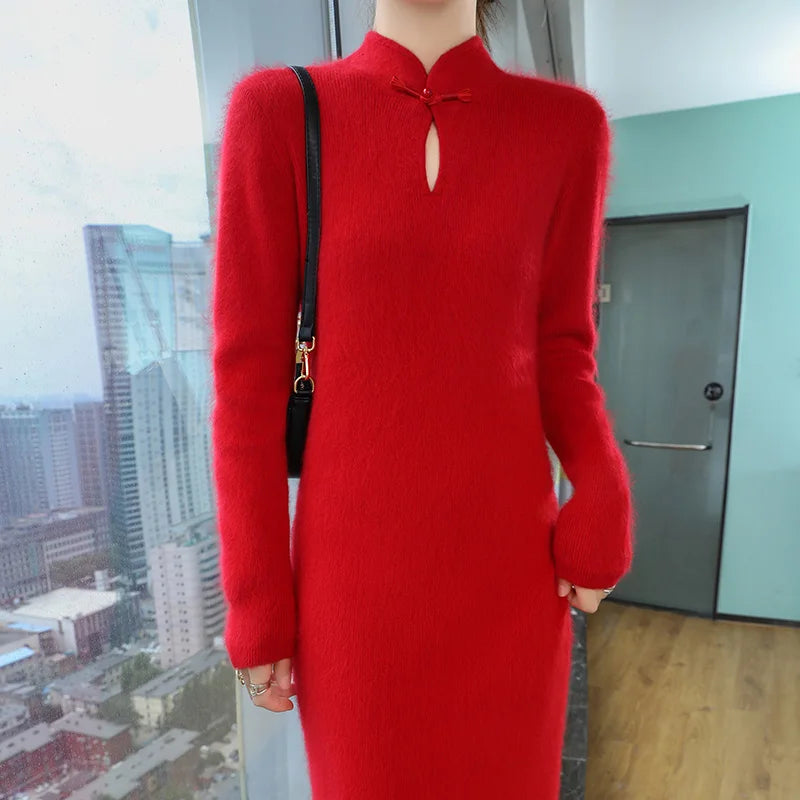 Retro Collar Buckle Knit Dress Female Pullover Long Over-The-Knee Solid Color Joker Slim Mink Cashmere Dress