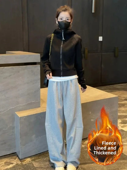 Korean Sle Winter New All-Match Hooded Zipper ort Sweatirt Jaet Thiened Fce Warm Casual Pants Set