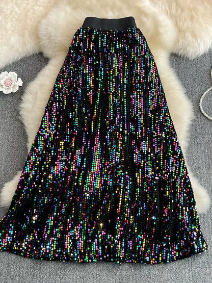 Spring Autumn Korean Sle High Waist Slimming Midi Length Knee-Over A-Line Skirt Faionable Elastic Waist iny Sequins Ful...