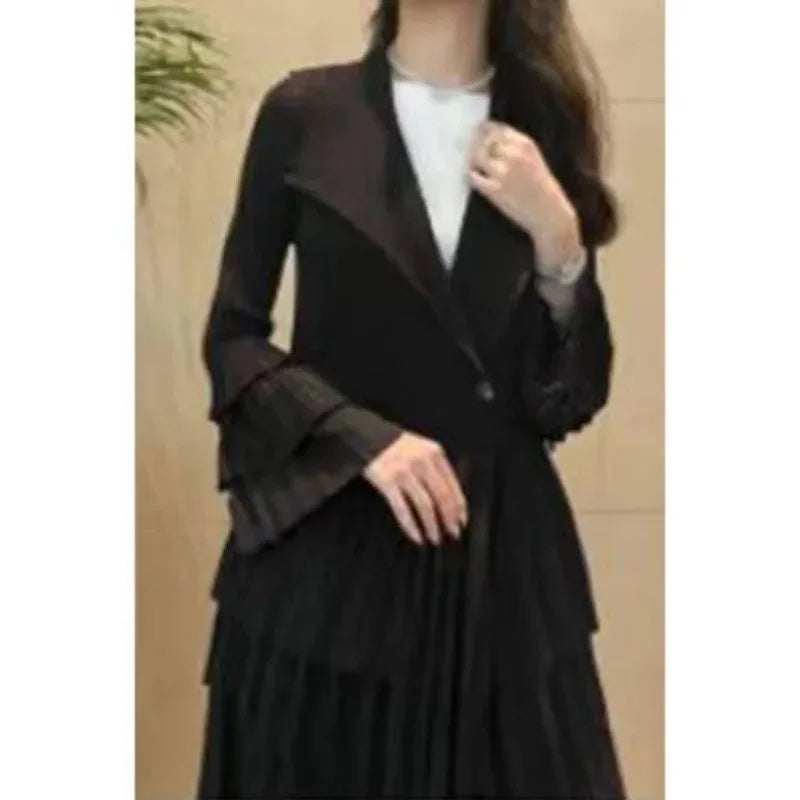 YUDX Miyake Pleated Spliced Ruffles Trench Coat Women Lapel Full Flare Sleeve Single Button Solid Color New 2025 Outwear Tops
