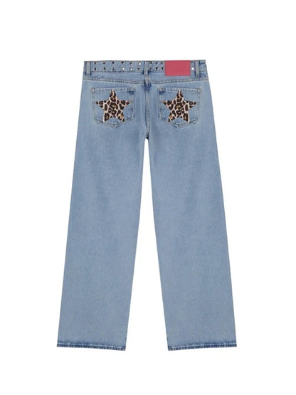 Y2K Vintage Jeans Women High Waisted Denim Pants Five Pointed Star Print Harajuku Street Baggy Casual Straight Leg Trousers