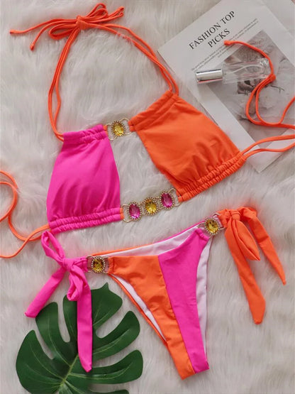 Luxury Rhinestones Splicing Bikini Set Women Halter Patchwork Cut Out Push Up Diamond Swimsuit 2024 Bathing Suit Thong Swimwear