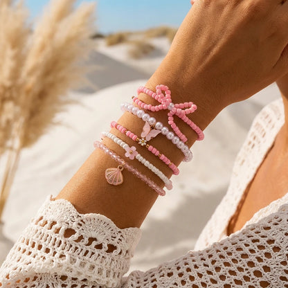 Cute Coral Starfish Shell Multi-Layer Bracelet for Women Ocean Series Fashion Stackable Beaded Jewelry Accessories