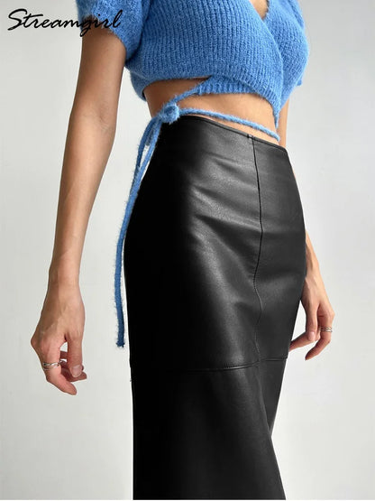 Beige Leather Skirts Midi Women Office Autumn Winter Straight PU Bodycon Skirts Ladies High Waist Slit Leather Skirts For Women