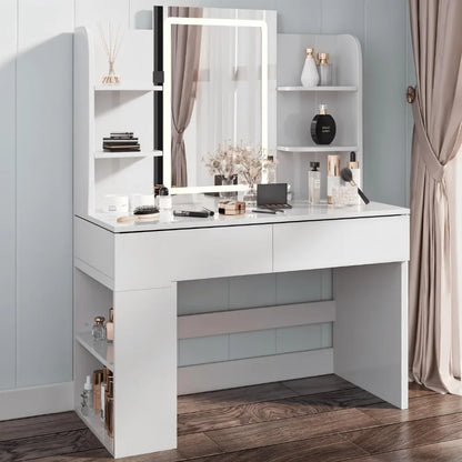 Makeup Dressing Table with Mirror and Led Dimmable Light, Makeup Vanity with 2 Drawers and 4 Shelves, Bottom Shelf, Desk Table,