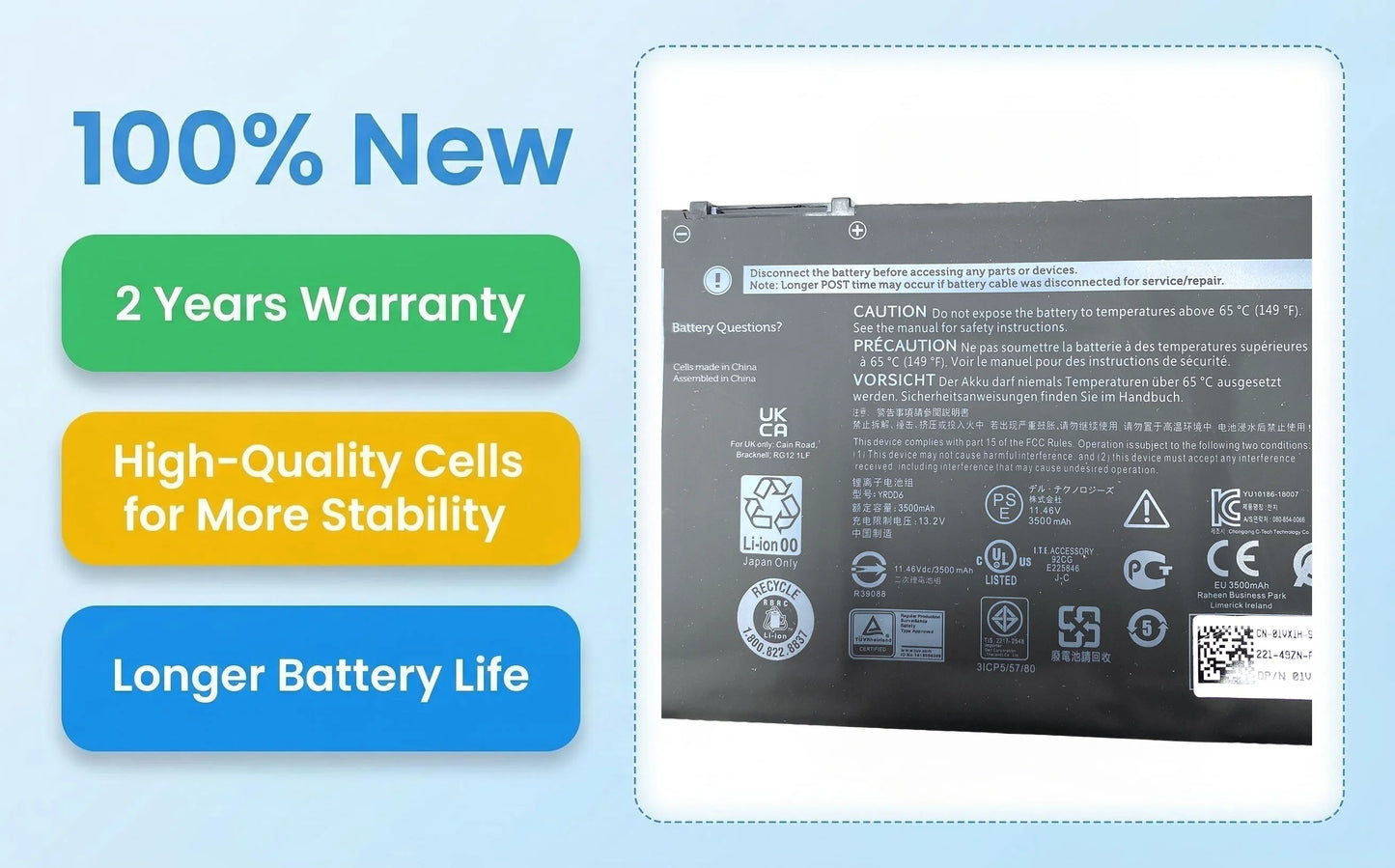 YRDD6 Laptop Battery For Dell Vostro 3491 3591 3490 3590 3501 Inspiron 5481 5482 5485 5491 5591 5485 5585 5480 1VX1H P116G P93G