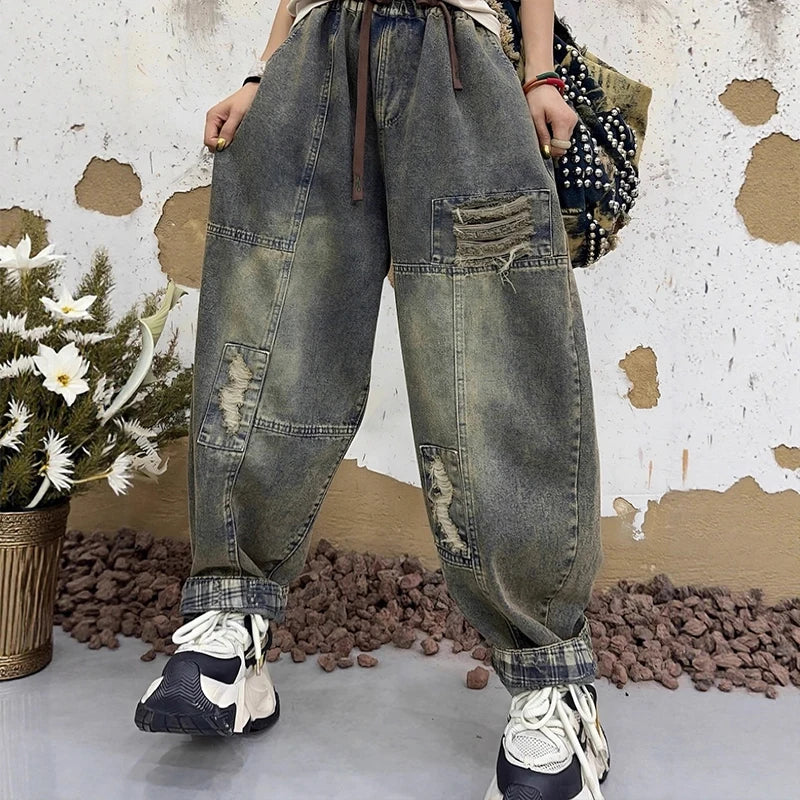 Masss Wasss European Womens Punk Denim Harem Trousers Classic Holes Loose Vintage Pants Leisure Streetwear Elastic Waist Jeans