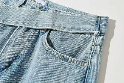 Spliced Wide Leg Denim Pants Women Ankle Length Jean Solid Loose Pockets High Waist Washed Vintage Jeans Zipper Fly Basics 2024