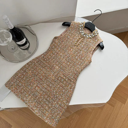 Retro 2024 Autumn Winter New Brown Diamond Woolen Sleeveless Mini Dress Women Round Neck Elegant Short Tweed Dress Popular Trend