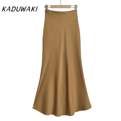 KADUWAKI Summer Long Black Satin Skirts Spring Straight Maxi Champagne Skirts Elegant Women Satin Silk Skirts Long Brown 니트 스커트