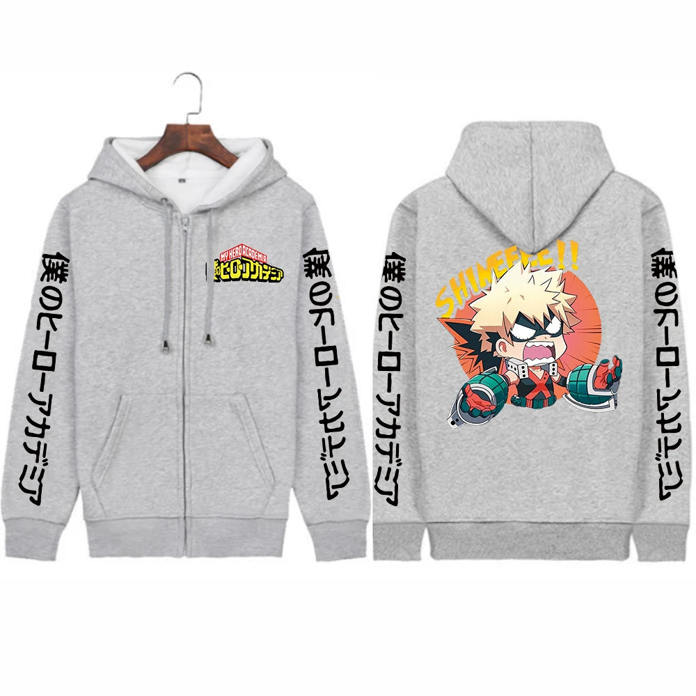 Japan Anime My Hero Academia Unisex Black Long Sleeve Zipper Hoodies Funny Katsuki Bakugou Cartoon Casual Men Winter Coats