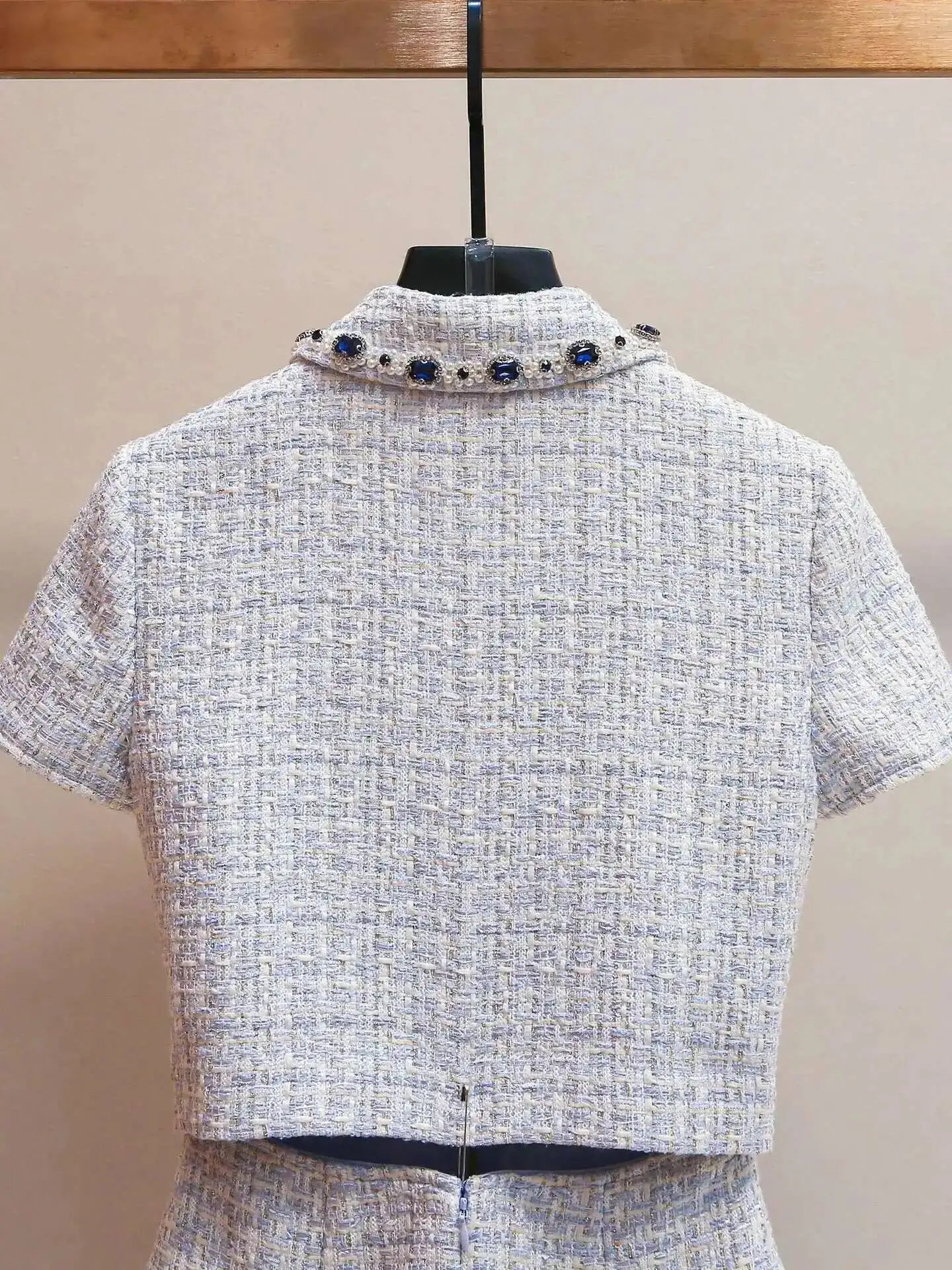 Summer Autumn Crystal Tweed Short Dress Shirt Women Sleeveless Beaded Diamonds Single Breasted Evening Party Dresses Lady