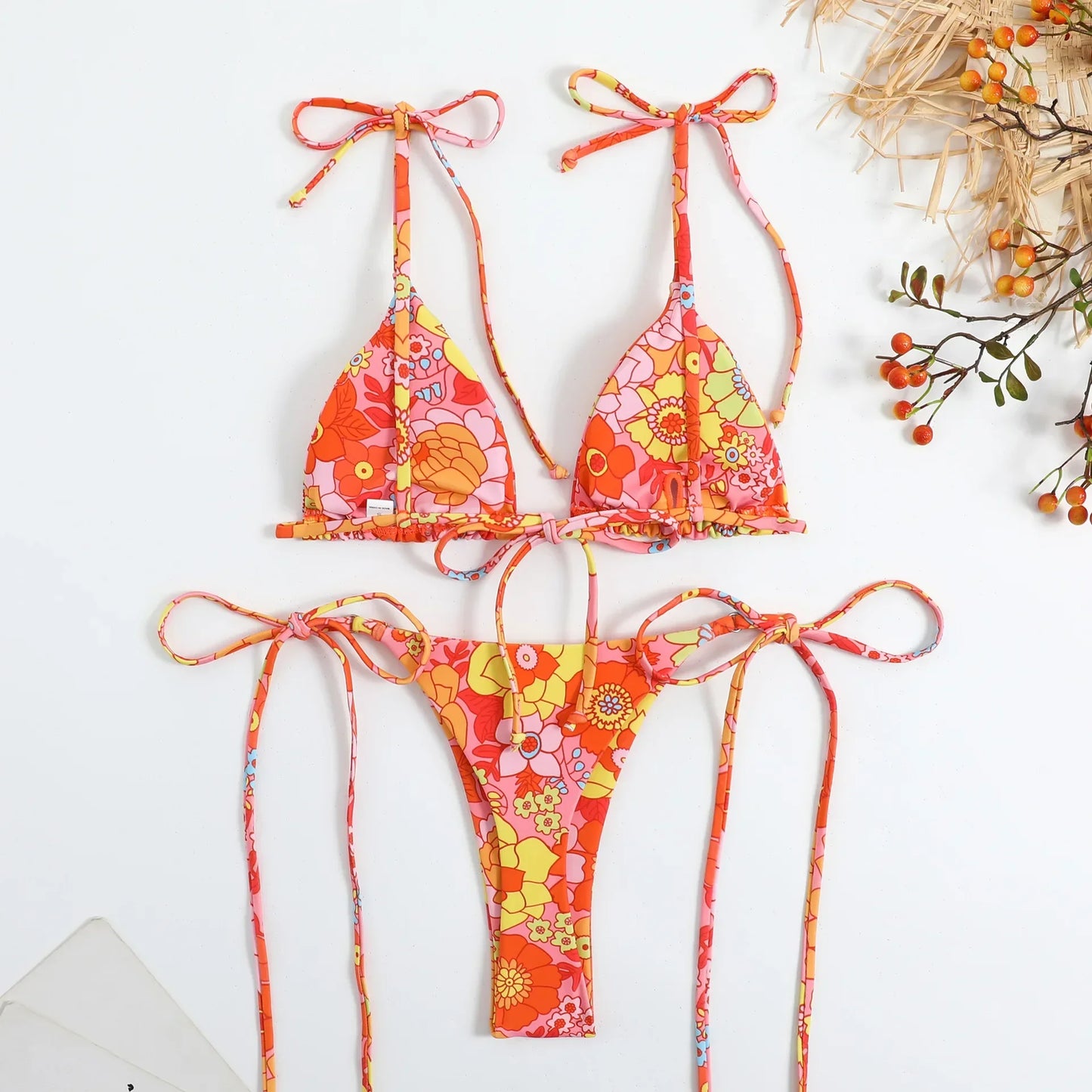 Sexy Flower Print Bikini 3 Women Swimsuit Female Swimwear Thong Bikinis Set Brazilian Halter Beach Wear  Bathing Suit