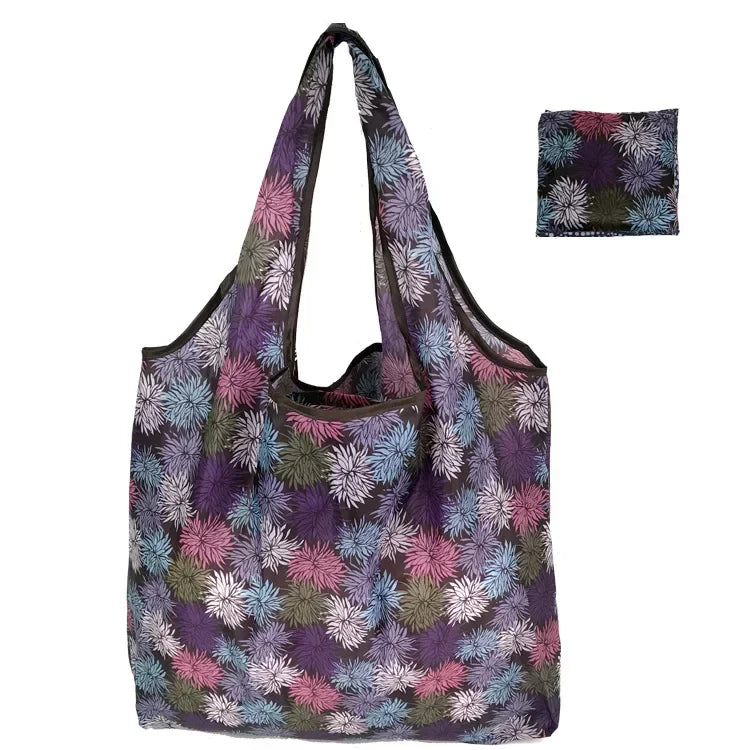 Reusable Shopping Bag Women Cute Fish Cart Flower Print  Nylon Foldable Grocery Bag Creative Eco-Friendly Tote Bag Lightweight