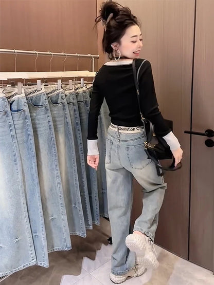 Y2K 2000s Wide Leg Baggy Denim Trouser Women's Washed Vintage Casual Pants Female High Street Retro High Waist Trashy Jeans