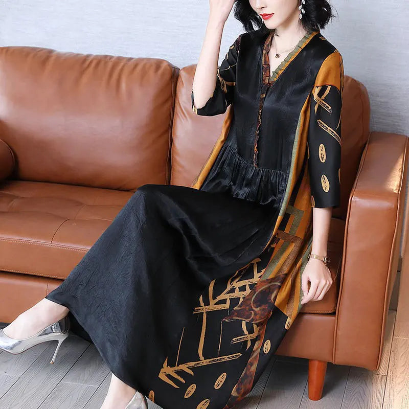 Vintage Printed Spliced A-Line Long Dress Spring Summer Casual V-Neck Women's Clothing Commute Half Sleeve Waist Loose Dresses