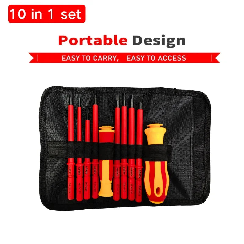 10-in-1 500V Insulated Screwdriver Set with Case Interchangeable Blades Magnetic High Hardness Home Electrician Repair Tools