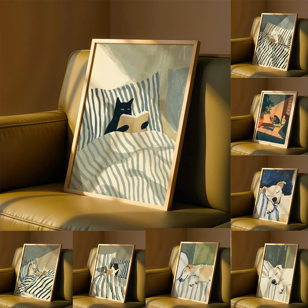 Fun Pet Striped Bed Decoration Painting, Fresh Illustration Style Canvas Painting, Healing Bedroom Poster
