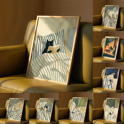 Fun Pet Striped Bed Decoration Painting, Fresh Illustration Style Canvas Painting, Healing Bedroom Poster