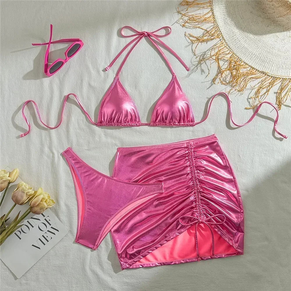 Gold Micro Thong String 3 Piece Bikini Set Damen Halter Swimwear Skirts Cover Ups Sexy Swimsuit Women 2026 Bathing Suit Bikinis