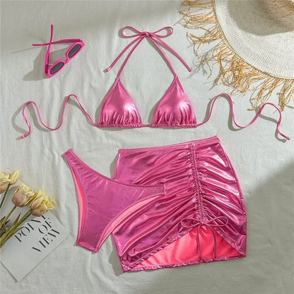 Gold Micro Thong String 3 Piece Bikini Set Damen Halter Swimwear Skirts Cover Ups Sexy Swimsuit Women 2026 Bathing Suit Bikinis