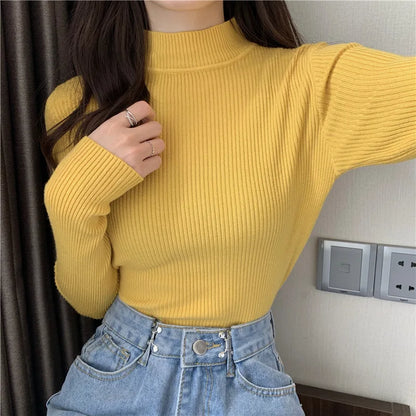 2026 Autumn Basic Bottoming Sweater Top Women Ribbed Soft Mock Neck Elastic Pullover Warm Solid Color Slim Jumper