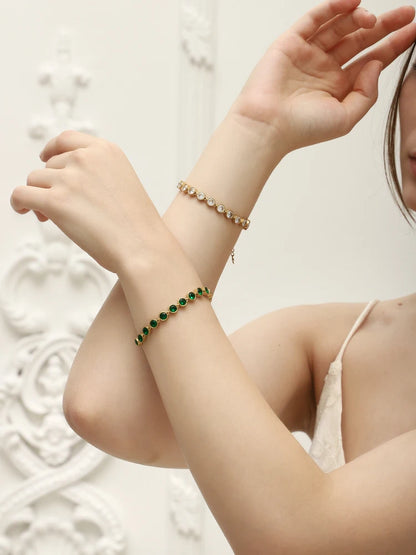E.B.belle Stainless Steel Shiny Round Green/Clear Zircon Bracelet Chain 18K Gold Plated Women’s Hand Jewelry