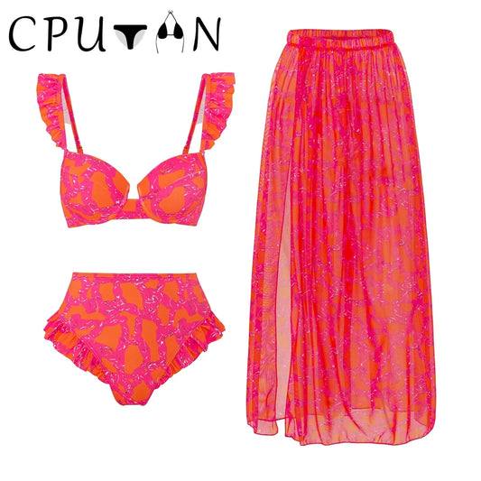 CPUTAN Sexy 2024 Push Up Bikini Set High Waist 3 Piece Swimwear Biquini Swimsuit Vintage Brazilian Bathing Suit Beach Skirt
