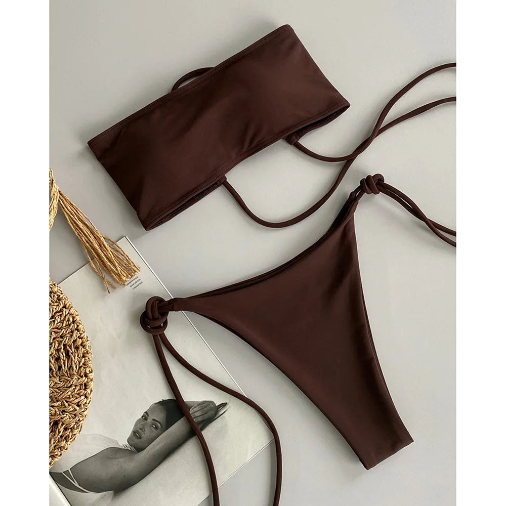 Push Up Bikini Sexy Women Swimsuit Swimwear 2025 Bikini Set Bandeau Beachwear Bathing Suit Brazilian Solid Biquini Female