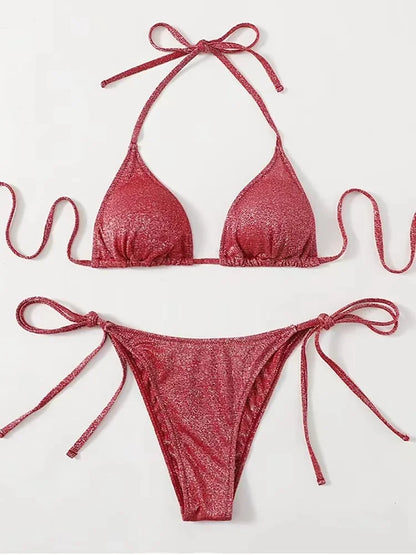 2025Sexy Bikini Set Shiny Triangle Bikinis Bandage Swimsuit Women Two Piece Swimwear Summer Biquini New Beachwear Push Up Bikini